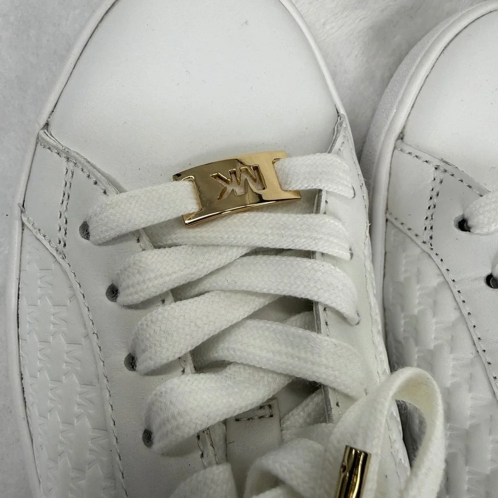 NEW Michael Kors Keaton White Leather Embossed MK Logo Sneakers Gold Hardware 7M